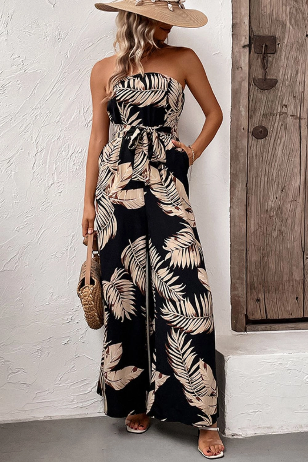 Todays Special Picks Trendy Picks Today Perfee Printed Strapless Wide Leg Jumpsuit With Pockets