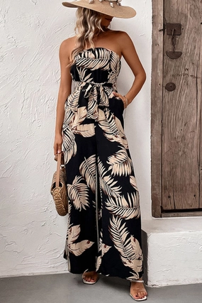 Perfee Printed Strapless Wide Leg Jumpsuit With Pockets Special Deal Frenzy