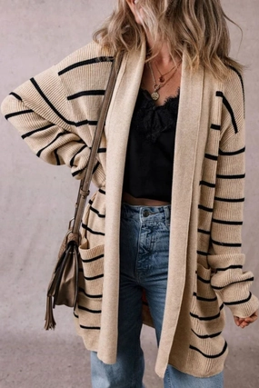 Striped Open Front Long Sleeve Cardigan Flash Deal Alert
