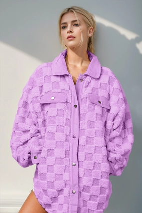 Double Take Button Up Fuzzy Checkered Shacket Grab It Now Shop Save Today