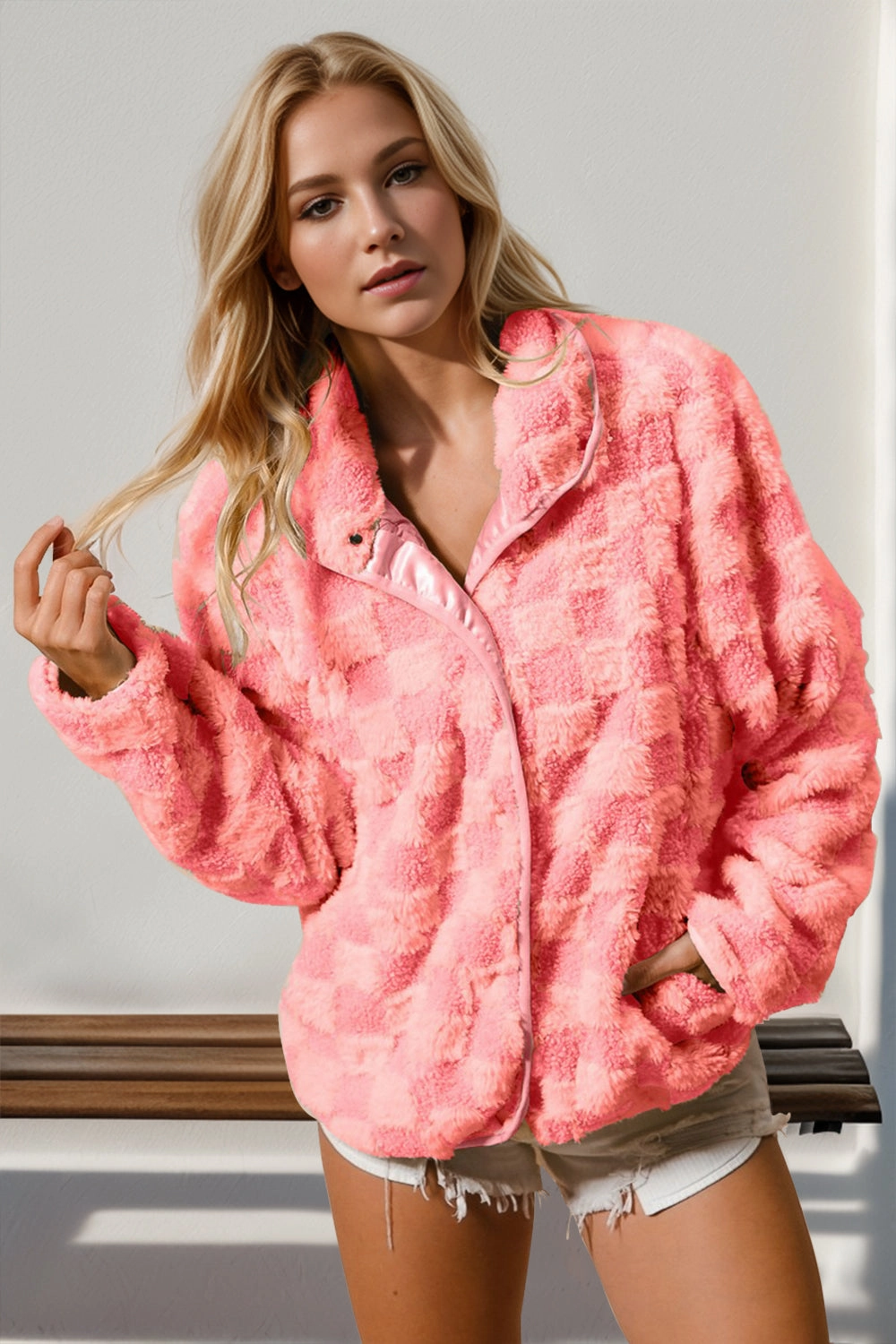 Dont Wait Save Today Hot Offer Frenzy Double Take Checkered Long Sleeve Fuzzy Jacket