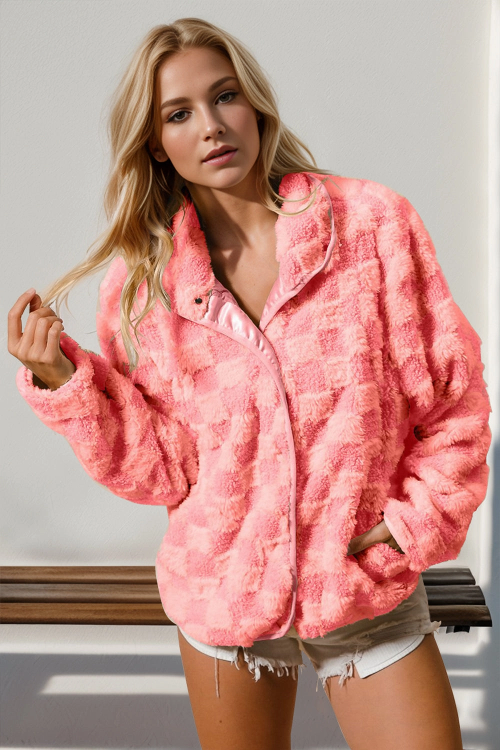 Hot Offer Frenzy Best Deal Today Double Take Checkered Long Sleeve Fuzzy Jacket