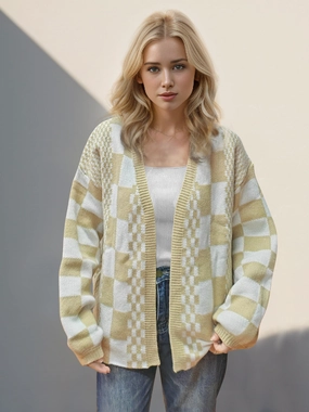 Double Take Checkered Open Front Dropped Shoulder Cardigan Mega Savings Now