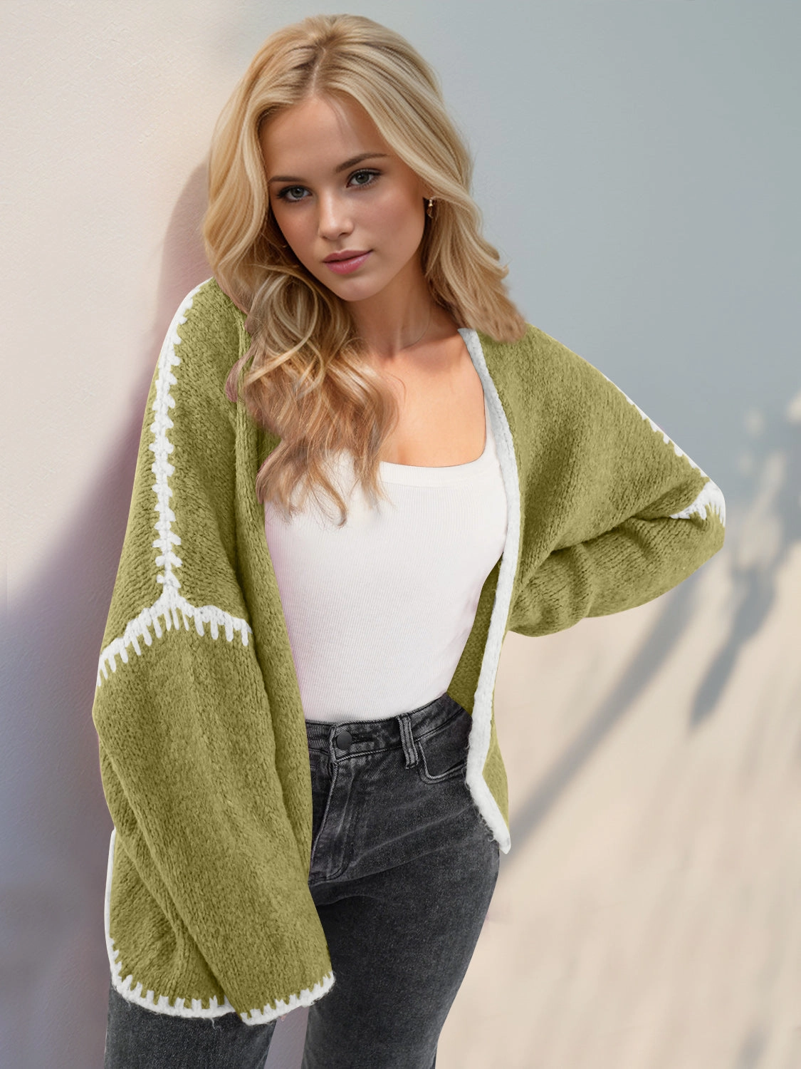 Limited Stock Deals Sweet Deal Inside Double Take Contrast Open Front Dropped Shoulder Cardigan