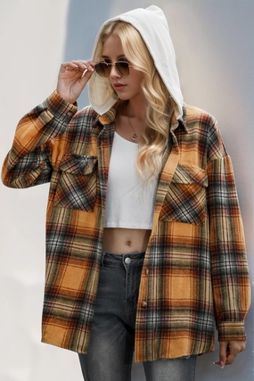 Double Take Drawstring Plaid Long Sleeve Hooded Shacket Best Deal Today