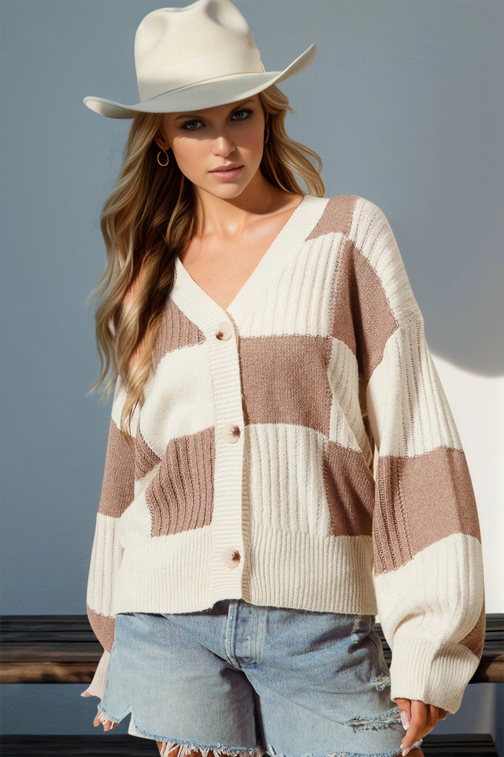 Deal Frenzy Today Double Take Full Size Checkered Dropped Shoulder Cardigan