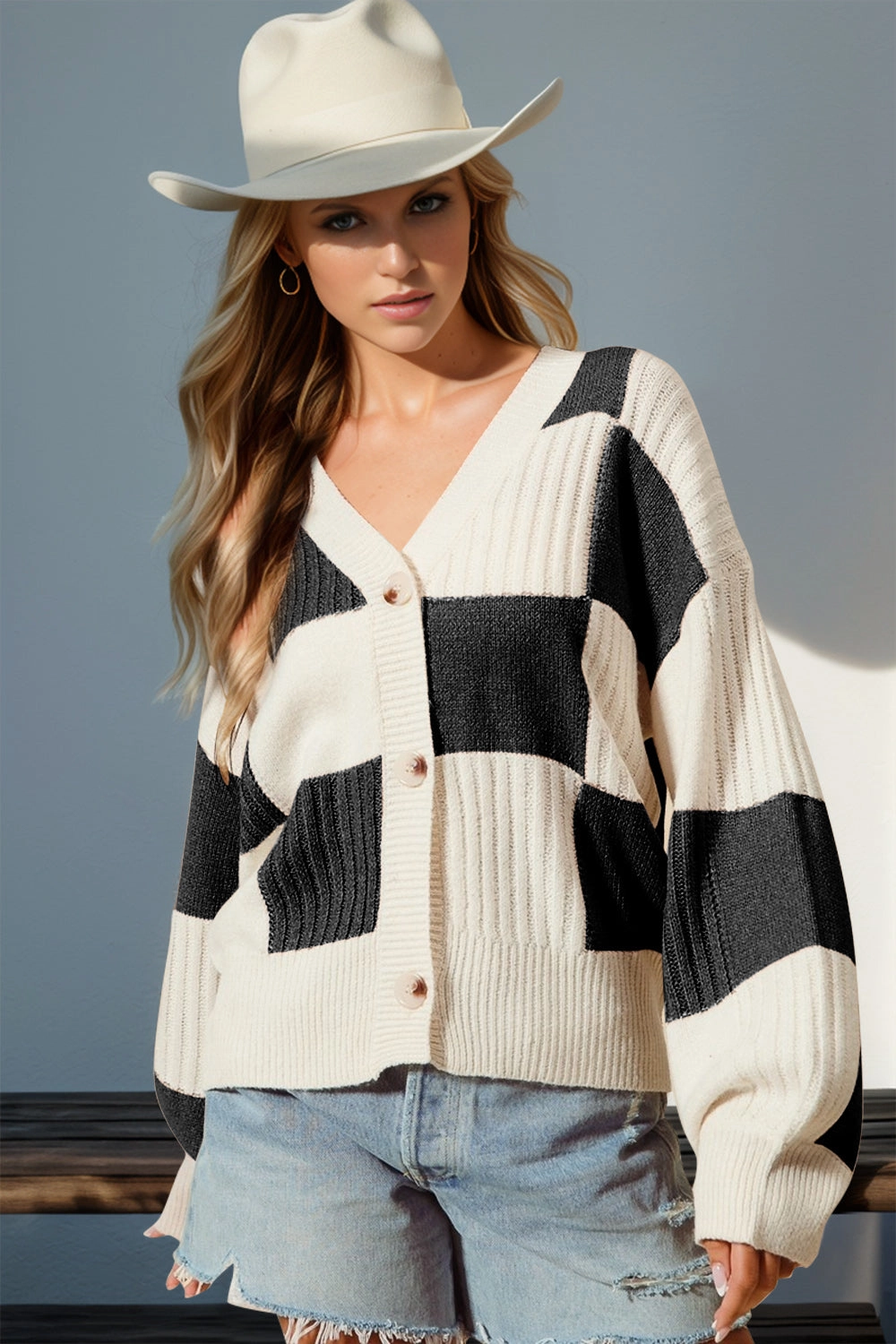 Sale Ending Soon Deal of the Day Double Take Full Size Checkered Dropped Shoulder Cardigan
