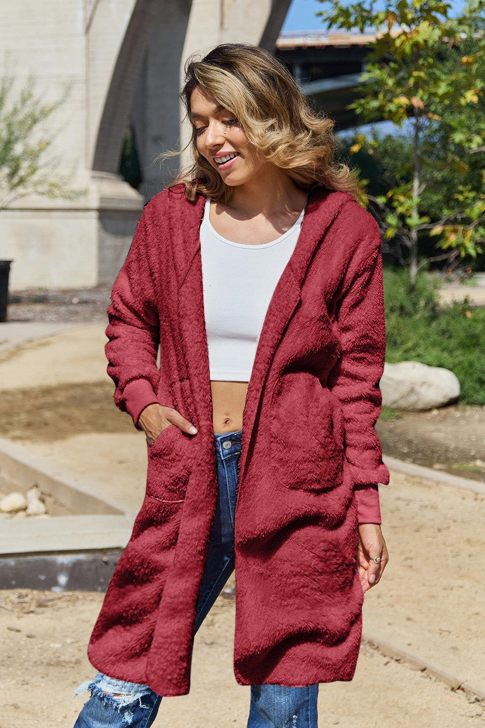 Special Surprise Sale Double Take Full Size Hooded Teddy Bear Jacket With Thumbholes