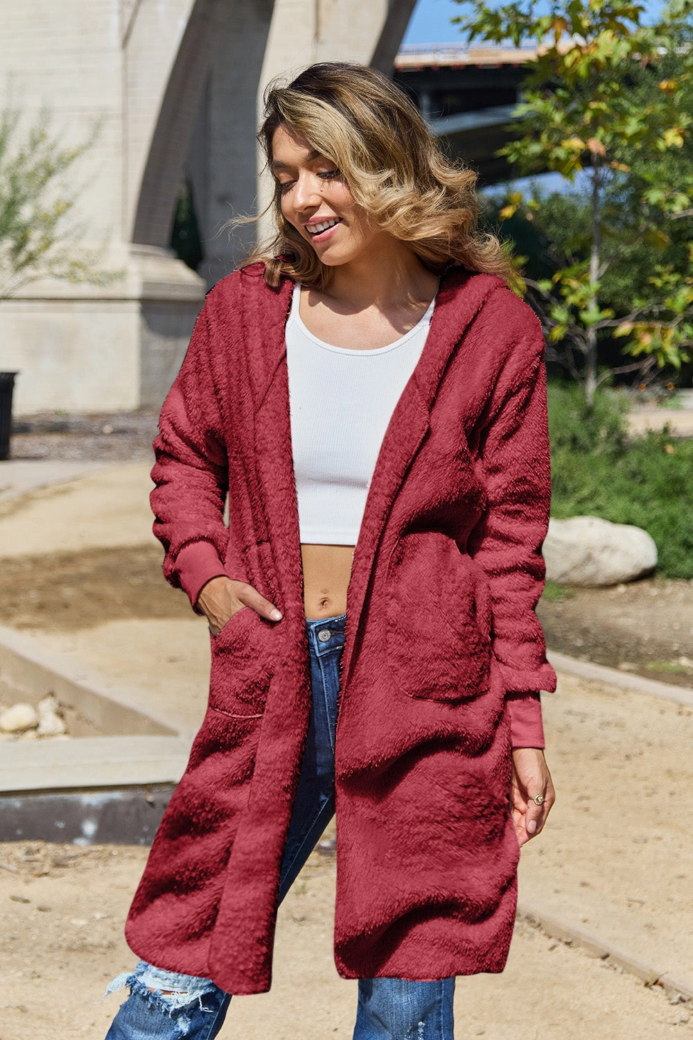 Double Take Full Size Hooded Teddy Bear Jacket With Thumbholes Online Exclusive Offer