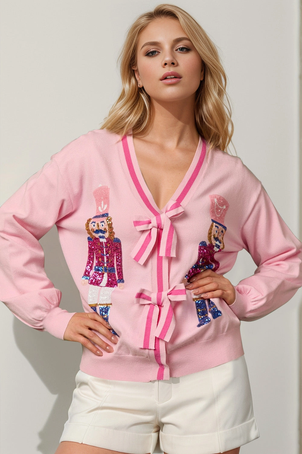 Double Take Full Size Nutcracker Sequin Bow Decor Cardigan Today Only Hot Sale Today Only Discount