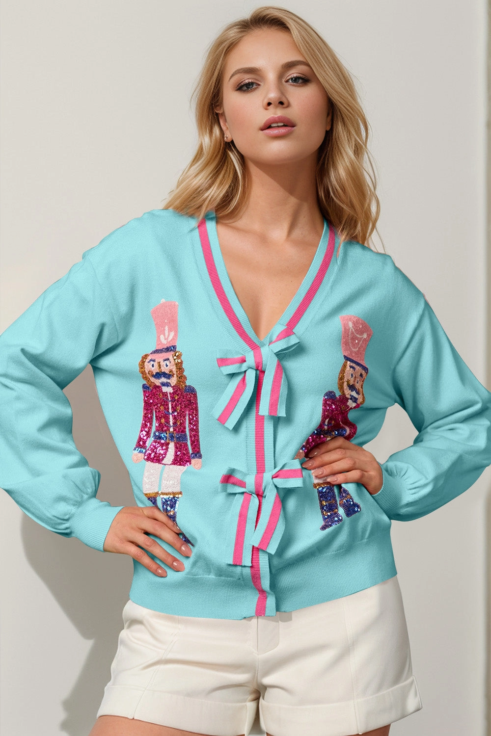 Clearance Event Today Today Only Discount Alert Double Take Full Size Nutcracker Sequin Bow Decor Cardigan