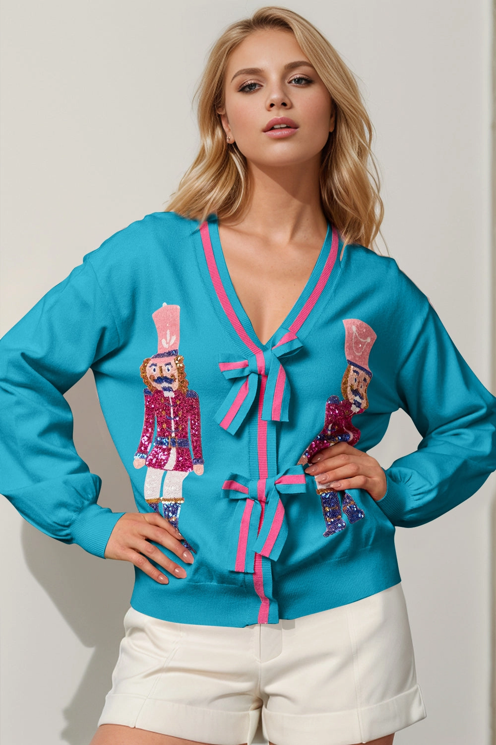 Steal the Deal Now Double Take Full Size Nutcracker Sequin Bow Decor Cardigan