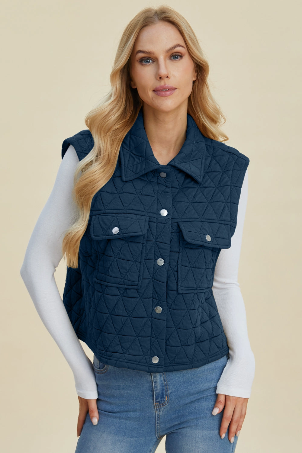 Deal Frenzy Today Double Take Full Size Pocketed Texture Snap Down Vest Coat