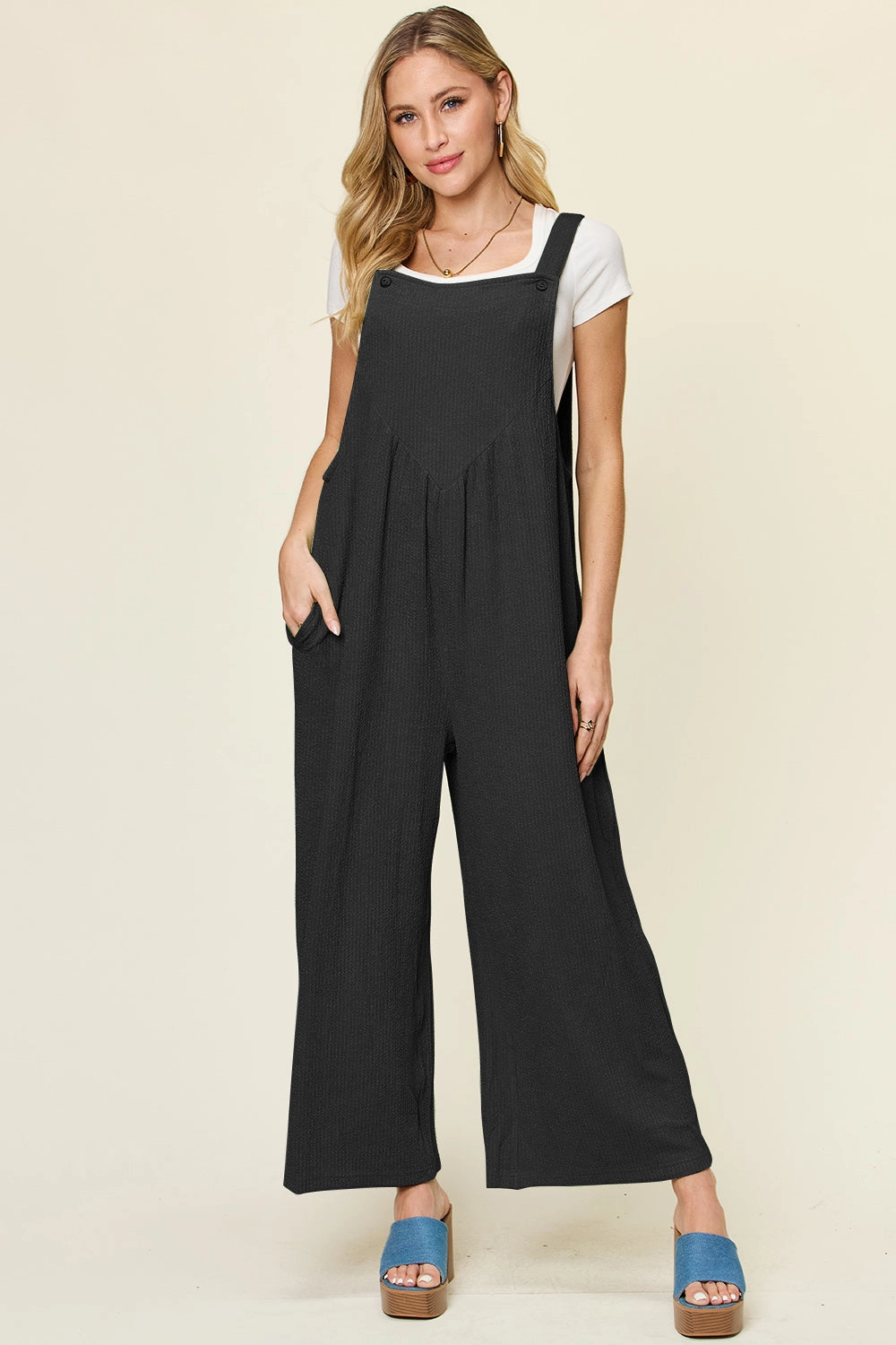 Double Take Full Size Texture Sleeveless Wide Leg Overall Dont Miss Big Savings Shop Save Big