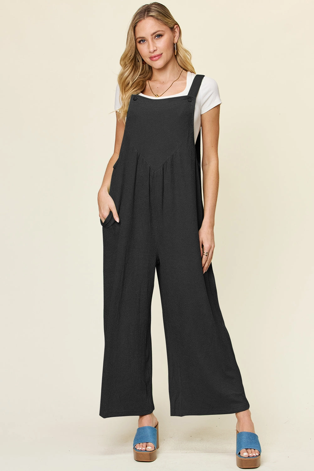 Double Take Full Size Texture Sleeveless Wide Leg Overall Trending Hot Deal