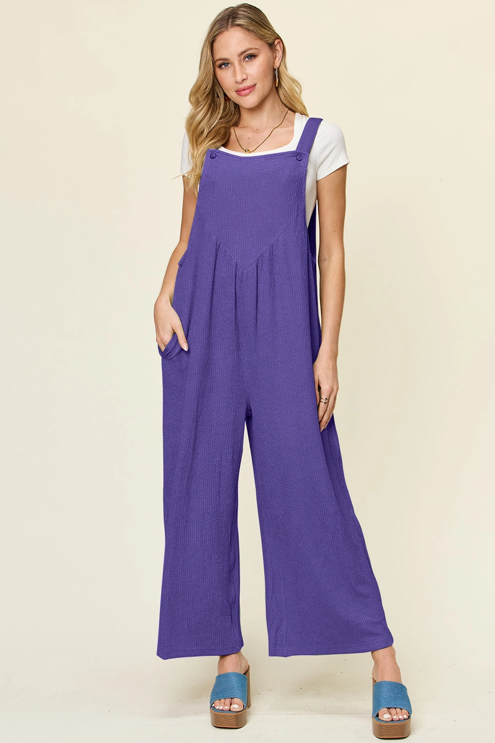 Clearance Event Deal Frenzy Today Double Take Full Size Texture Sleeveless Wide Leg Overall