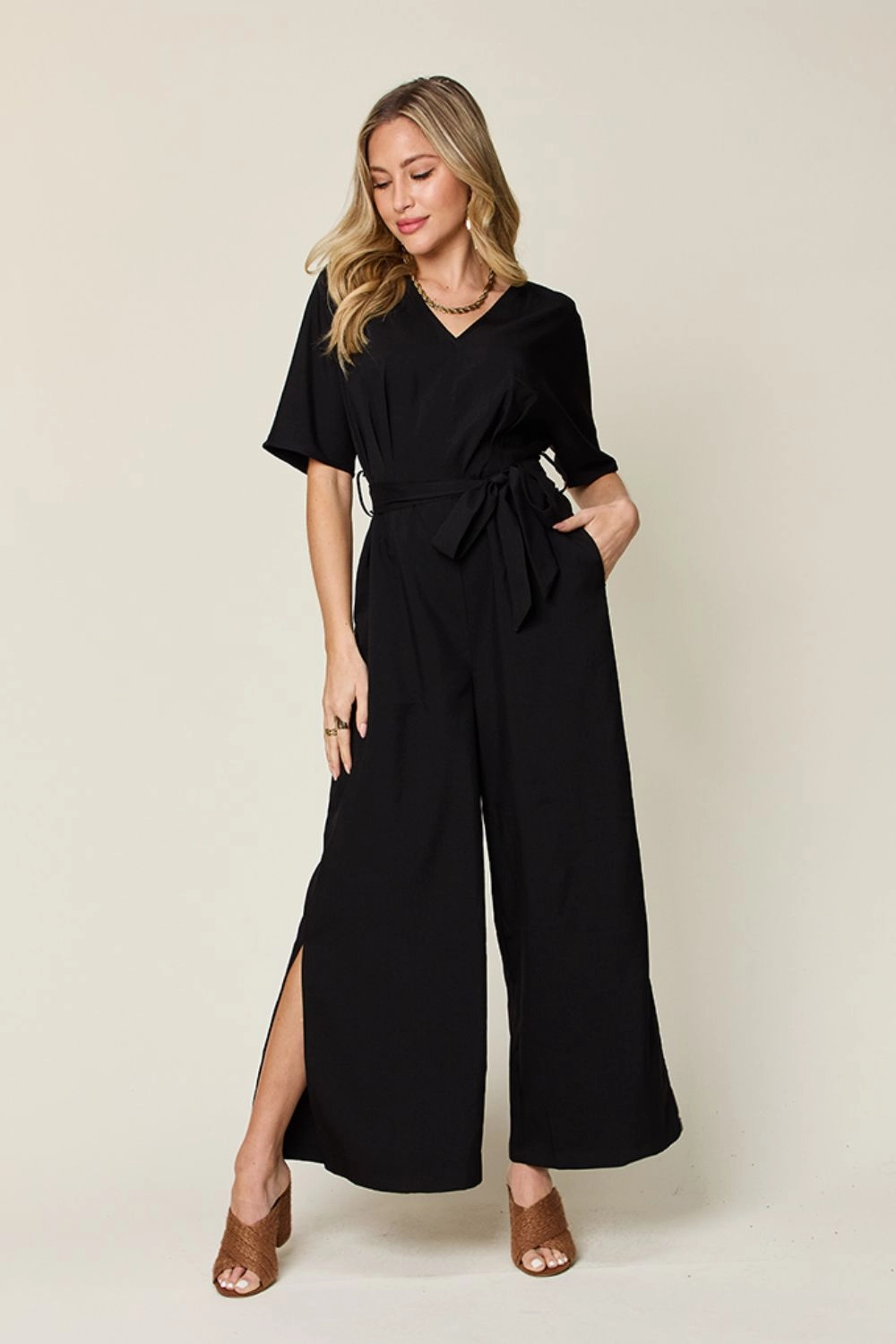 Double Take Full Size V-Neck Tied Side Slit Jumpsuit Instant Savings Deal Special Offer Inside