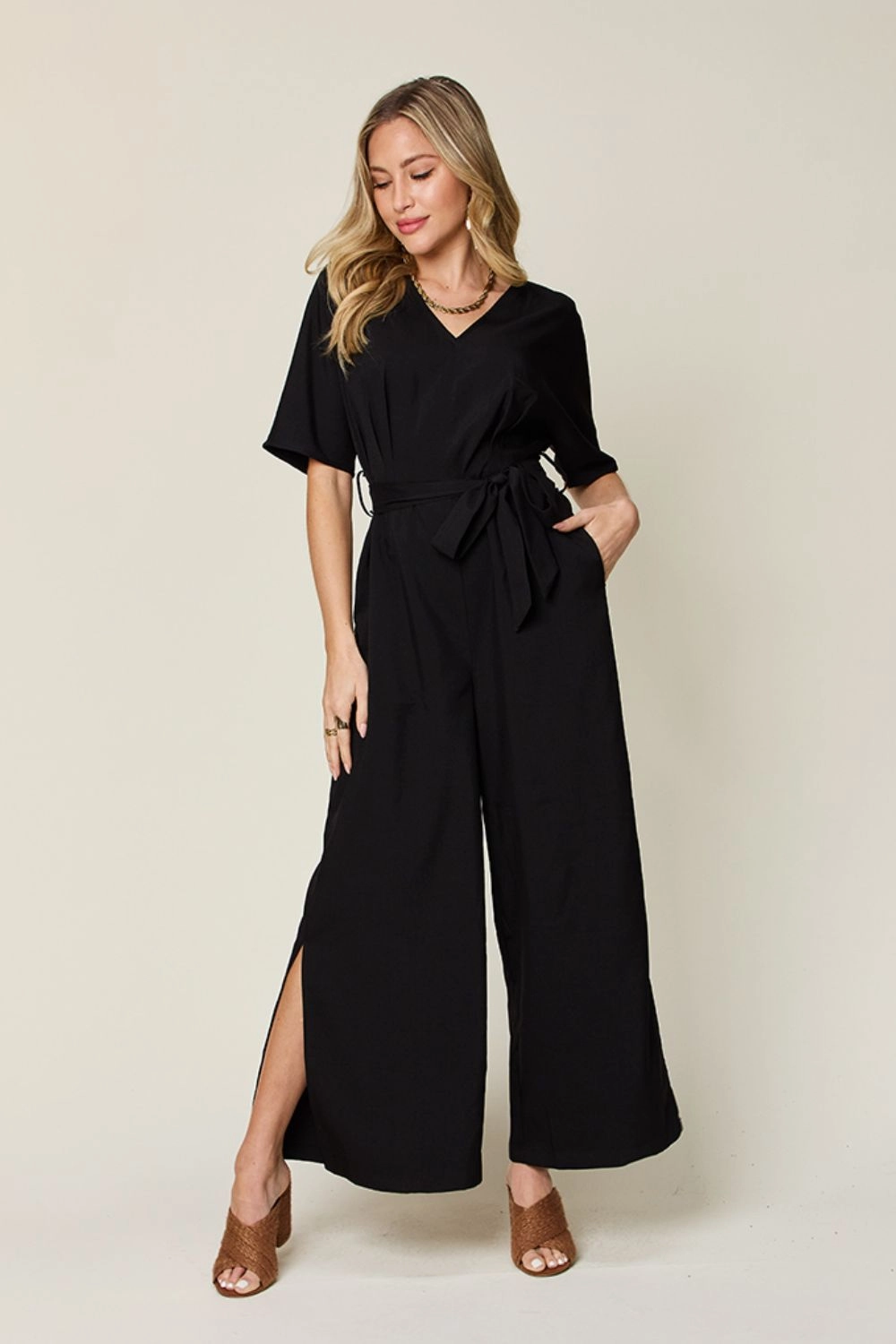 Double Take Full Size V-Neck Tied Side Slit Jumpsuit Special Surprise Sale