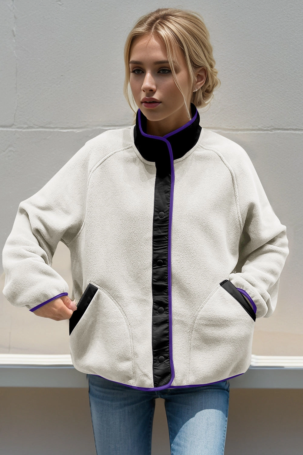 Big Price Drop Flash Deal Alert Double Take Snap Down Contrast Fleece Jacket With Pockets