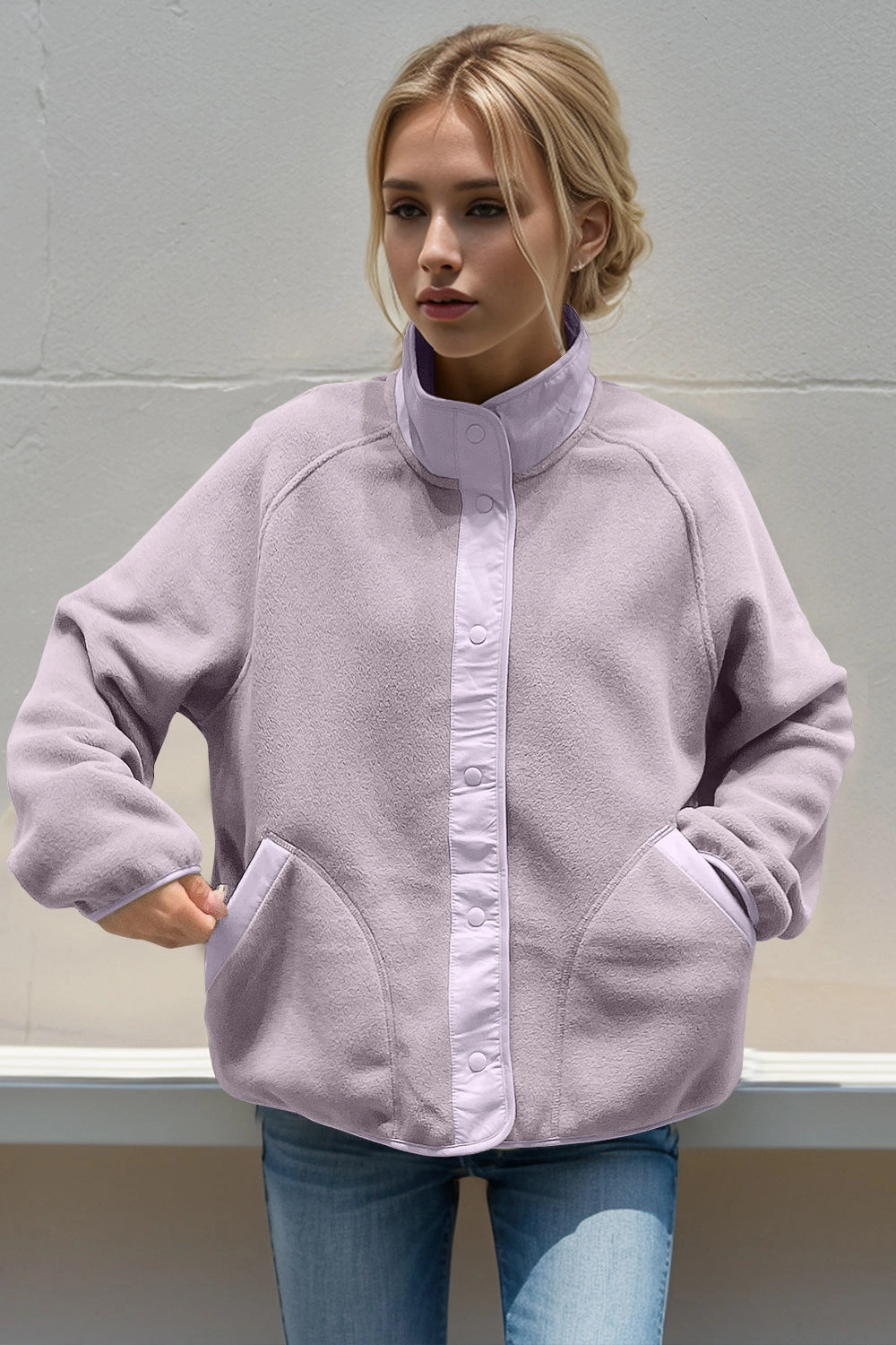 Double Take Snap Down Contrast Fleece Jacket With Pockets Dont Miss Todays Deal