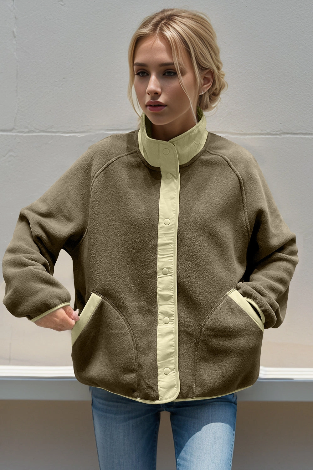 Price Drop Today Exclusive Deal Inside Double Take Snap Down Contrast Fleece Jacket With Pockets