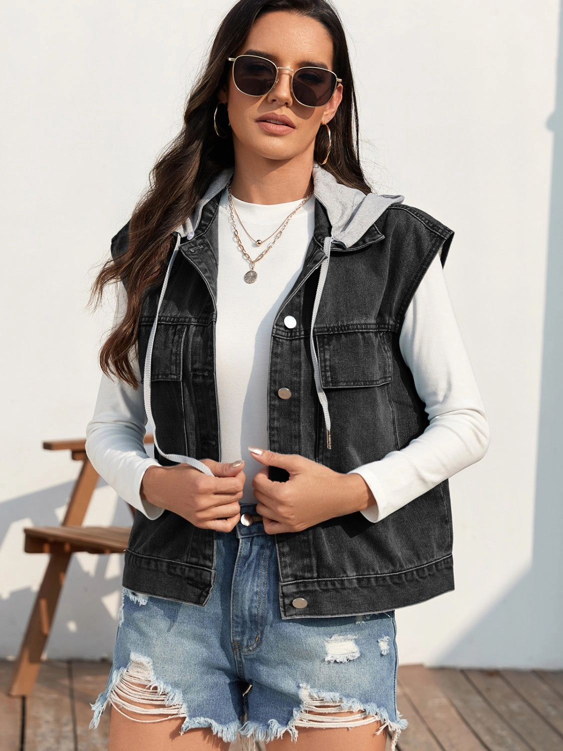 Drawstring Button Up Sleeveless Denim Jacket Today Only Discount Alert