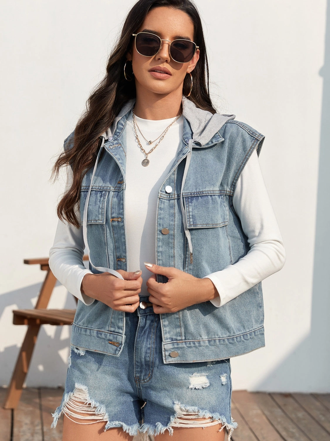 Drawstring Button Up Sleeveless Denim Jacket Perfect Gift Offer Clearance Blowout