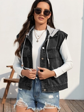Drawstring Button Up Sleeveless Denim Jacket Dont Miss Out