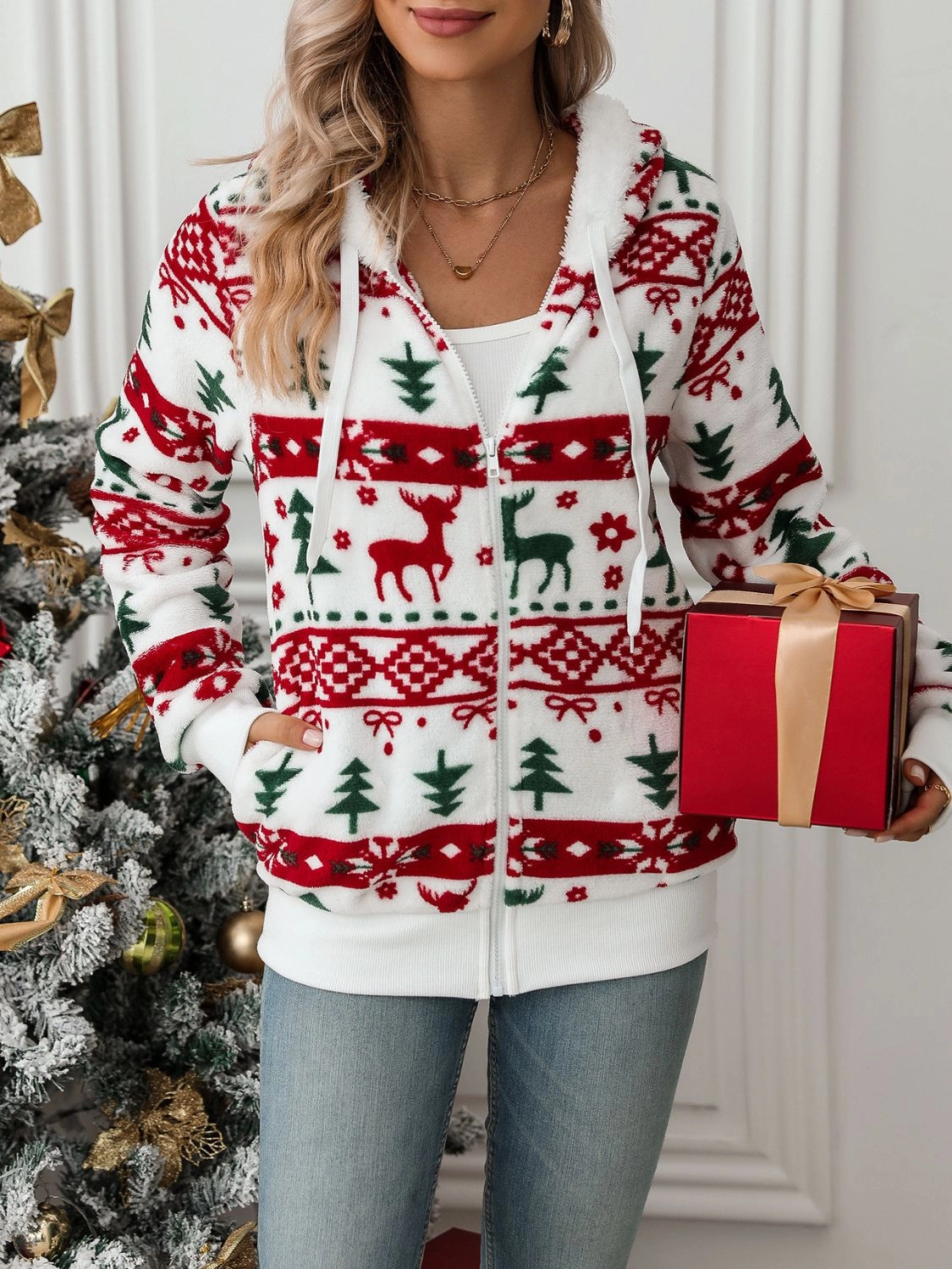 Drawstring Christmas Element Zip Up Hooded Jacket Hot Sale Frenzy