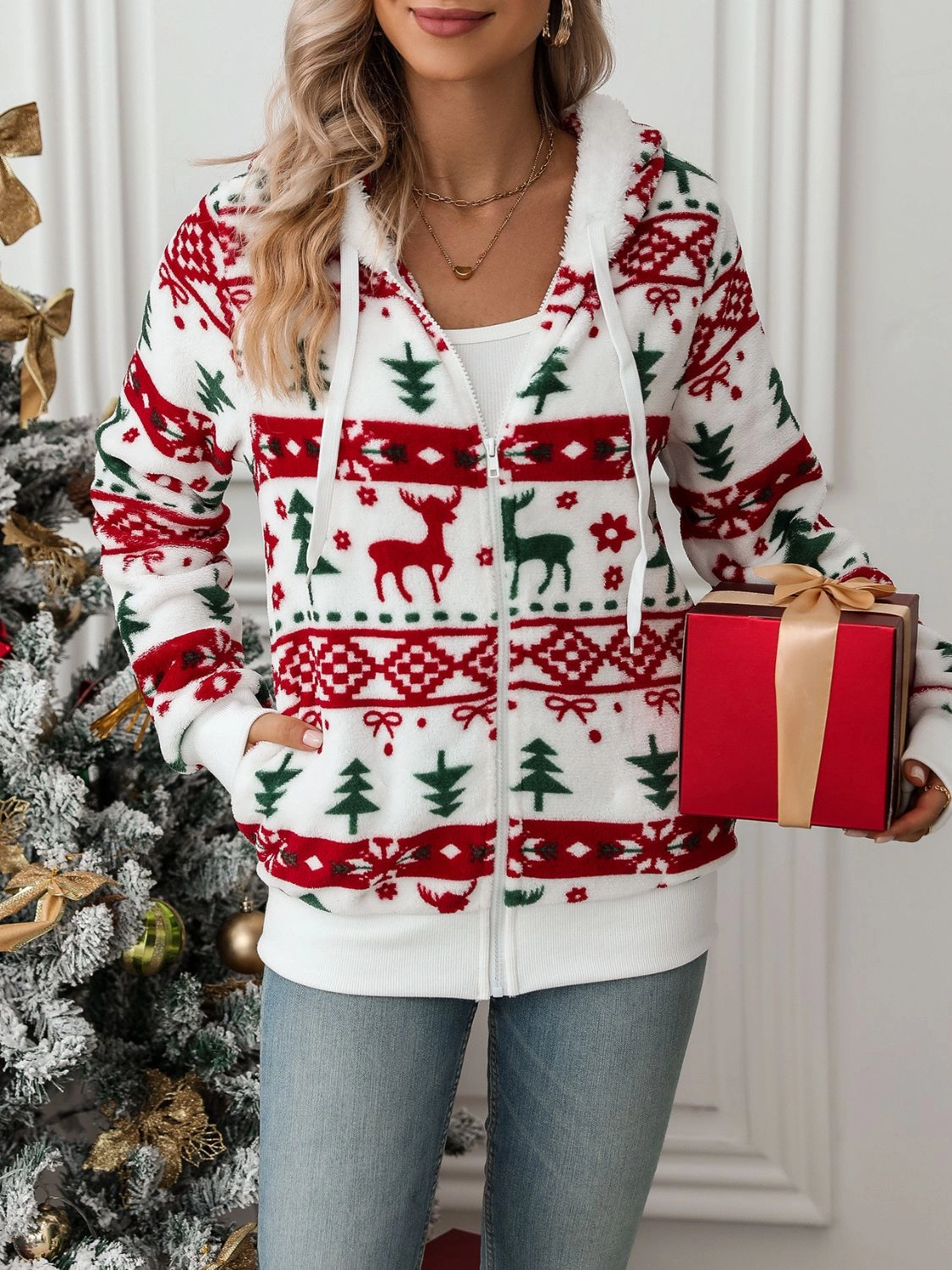 Drawstring Christmas Element Zip Up Hooded Jacket Exclusive Online Deal Daily Deal Frenzy