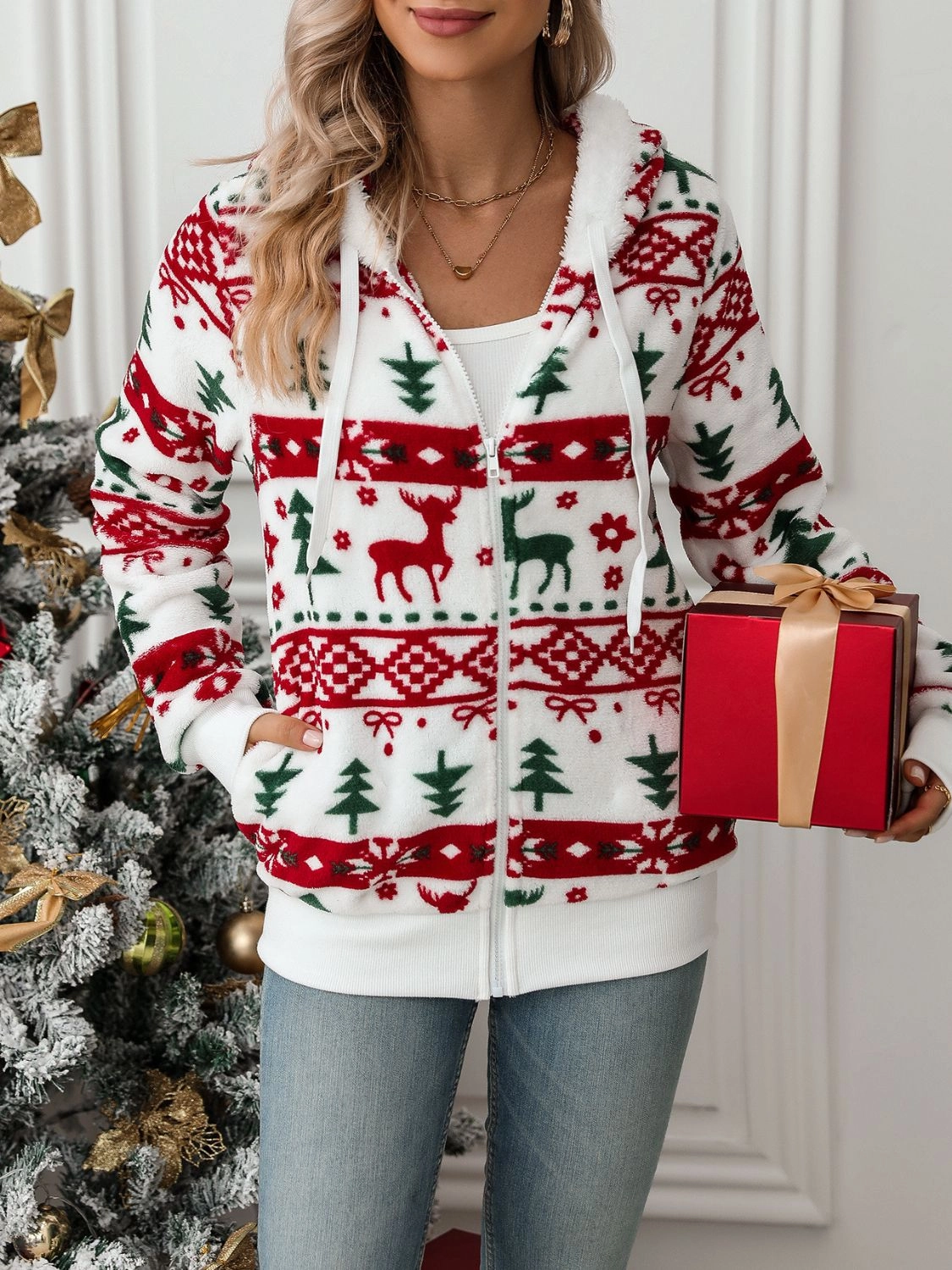 Drawstring Christmas Element Zip Up Hooded Jacket Save Today Event Biggest Savings Now