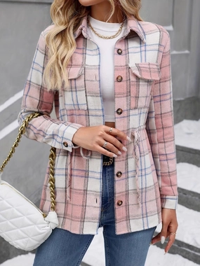 Drawstring Plaid Button Up Jacket With Chest Pockets Limited Edition Offer
