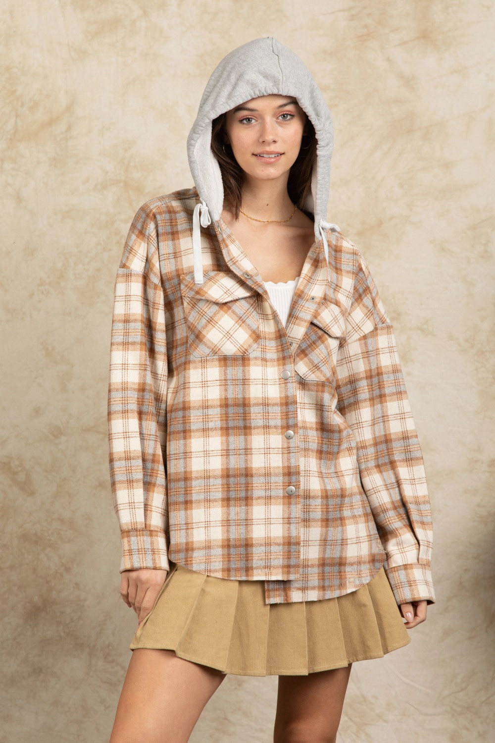 Trending Hot Picks Flash Offer Today Drawstring Plaid Long Sleeve Hooded Jacket