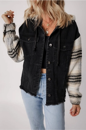 Todays Trending Deals Drawstring Raw Hem Button Up Hooded Denim Jacket