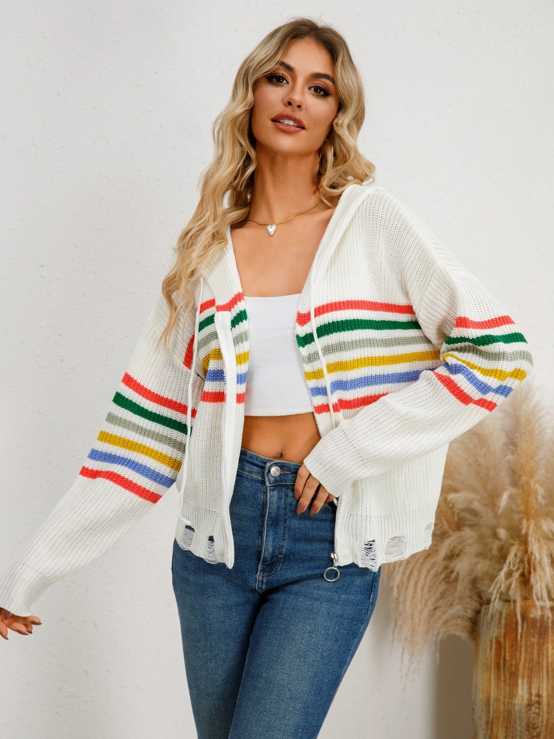 Drawstring Striped Dropped Shoulder Hooded Cardigan Clearance Event Alert