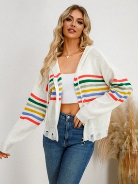 Drawstring Striped Dropped Shoulder Hooded Cardigan Clearance Event Alert