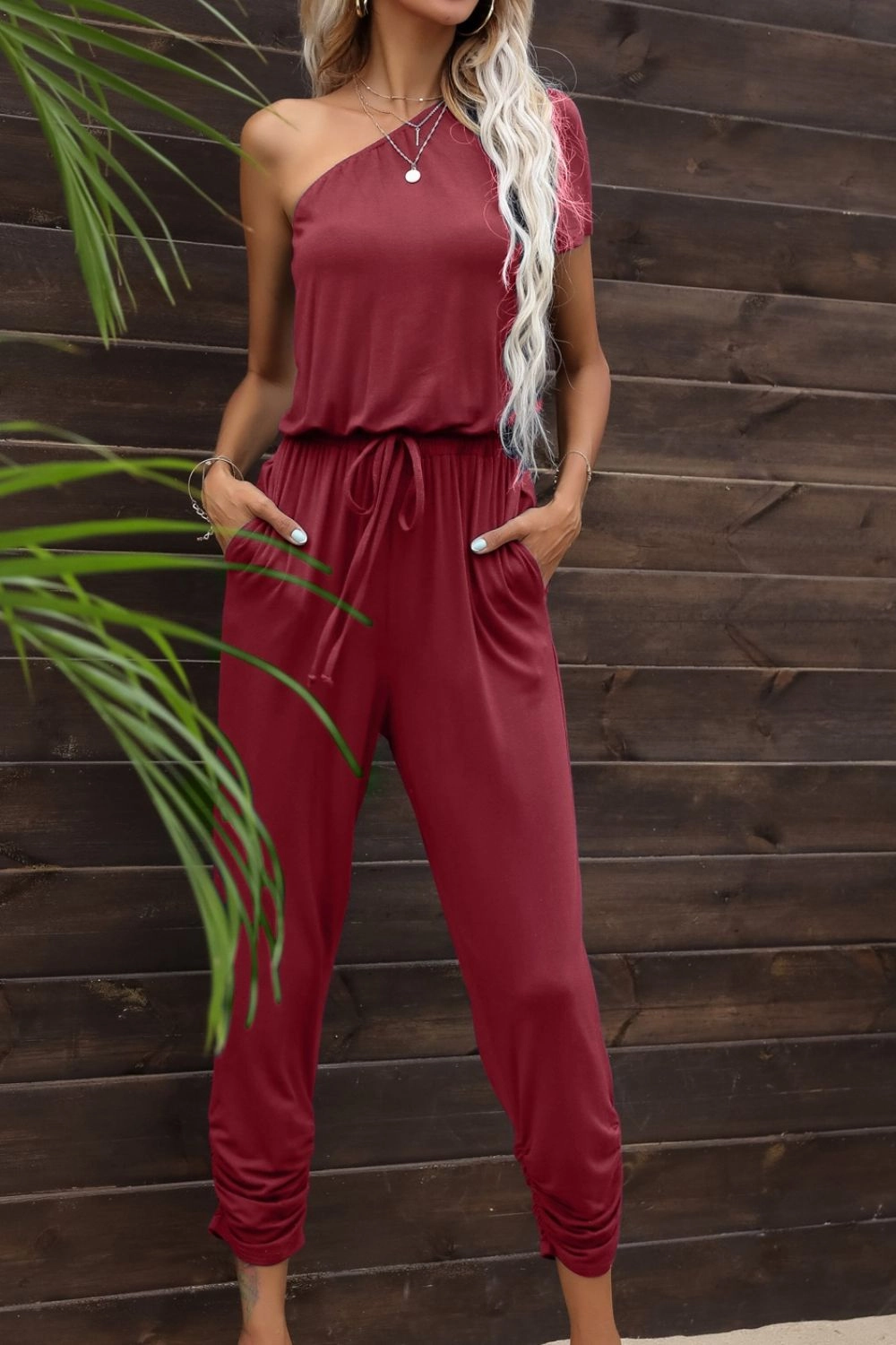 Shop Save Big Drawstring Waist One-Shoulder Jumpsuit With Pockets