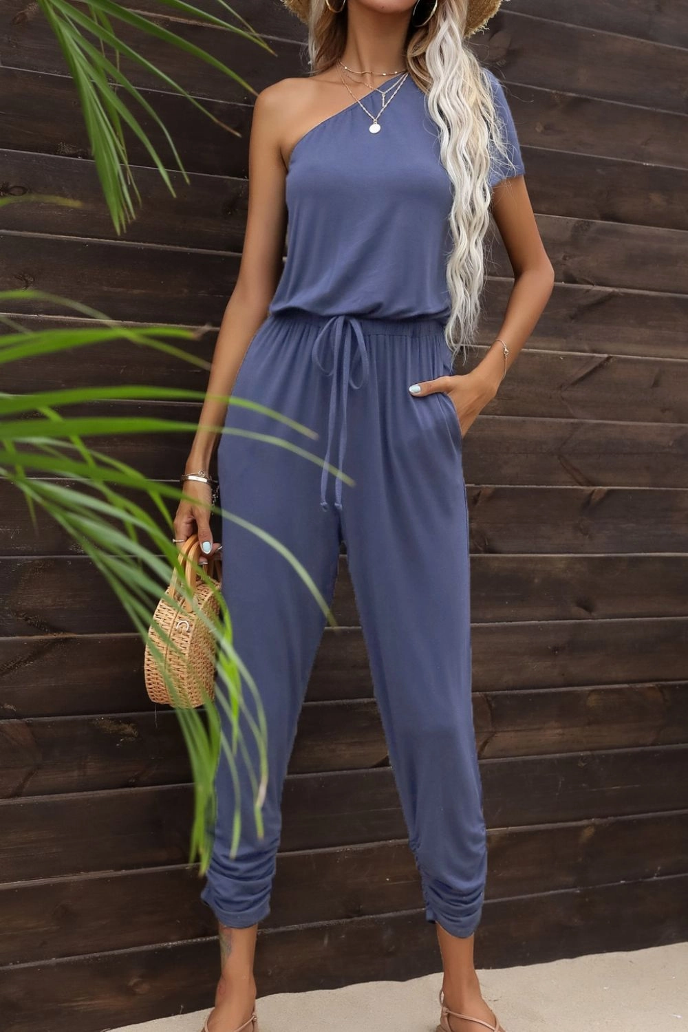 Today Only Special Drawstring Waist One-Shoulder Jumpsuit With Pockets