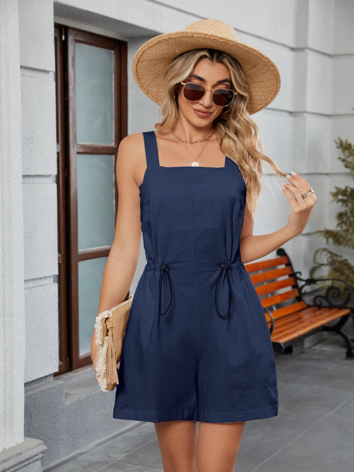 Limited Stock Deals Drawstring Wide Strap Romper With Pockets