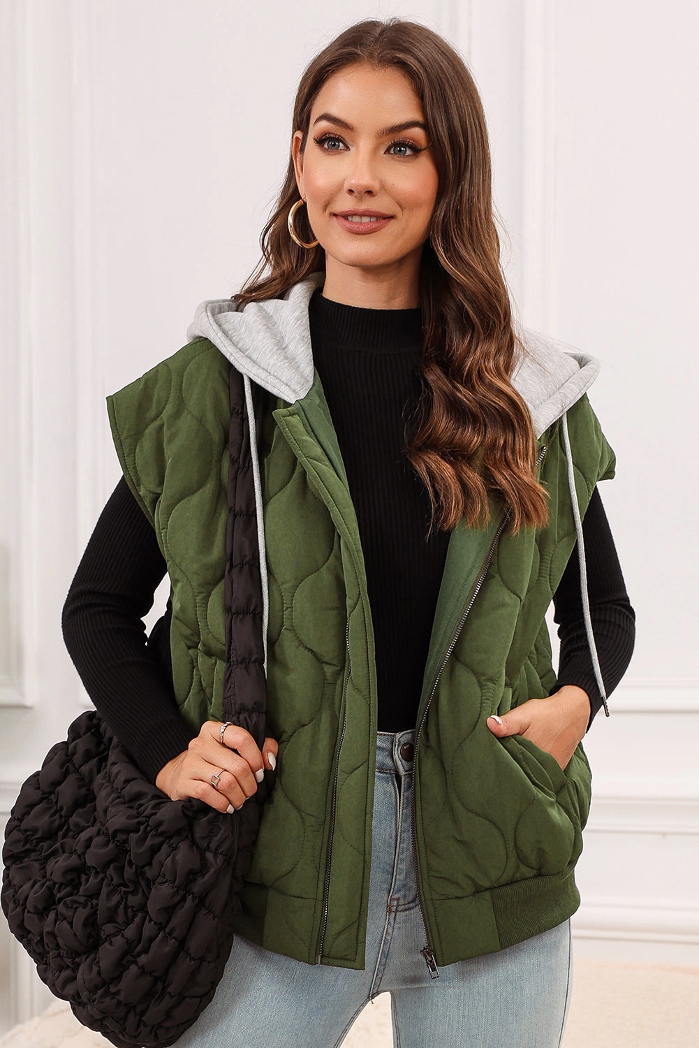 Clearance Sale Now Drawstring Zip Up Hooded Vest Coat