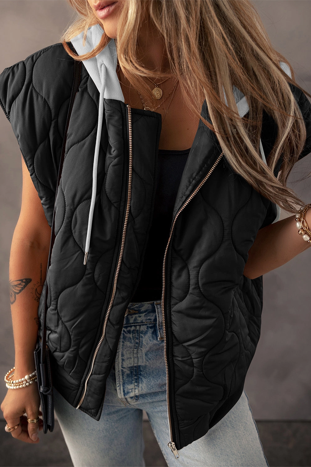 Price Drop Alert Drawstring Zip Up Hooded Vest Coat