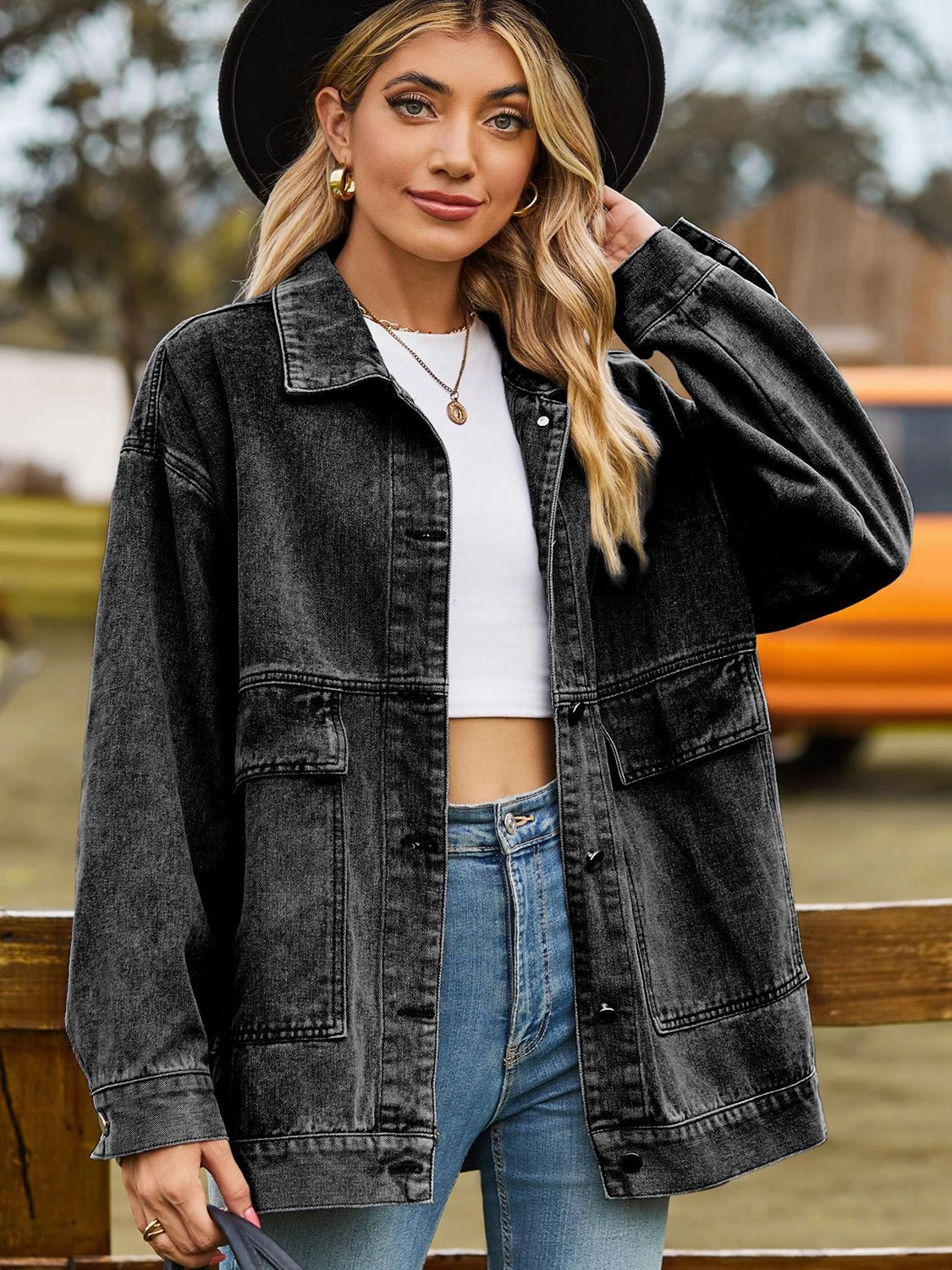 Dropped Shoulder Denim Jacket With Pockets Mega Discount Event
