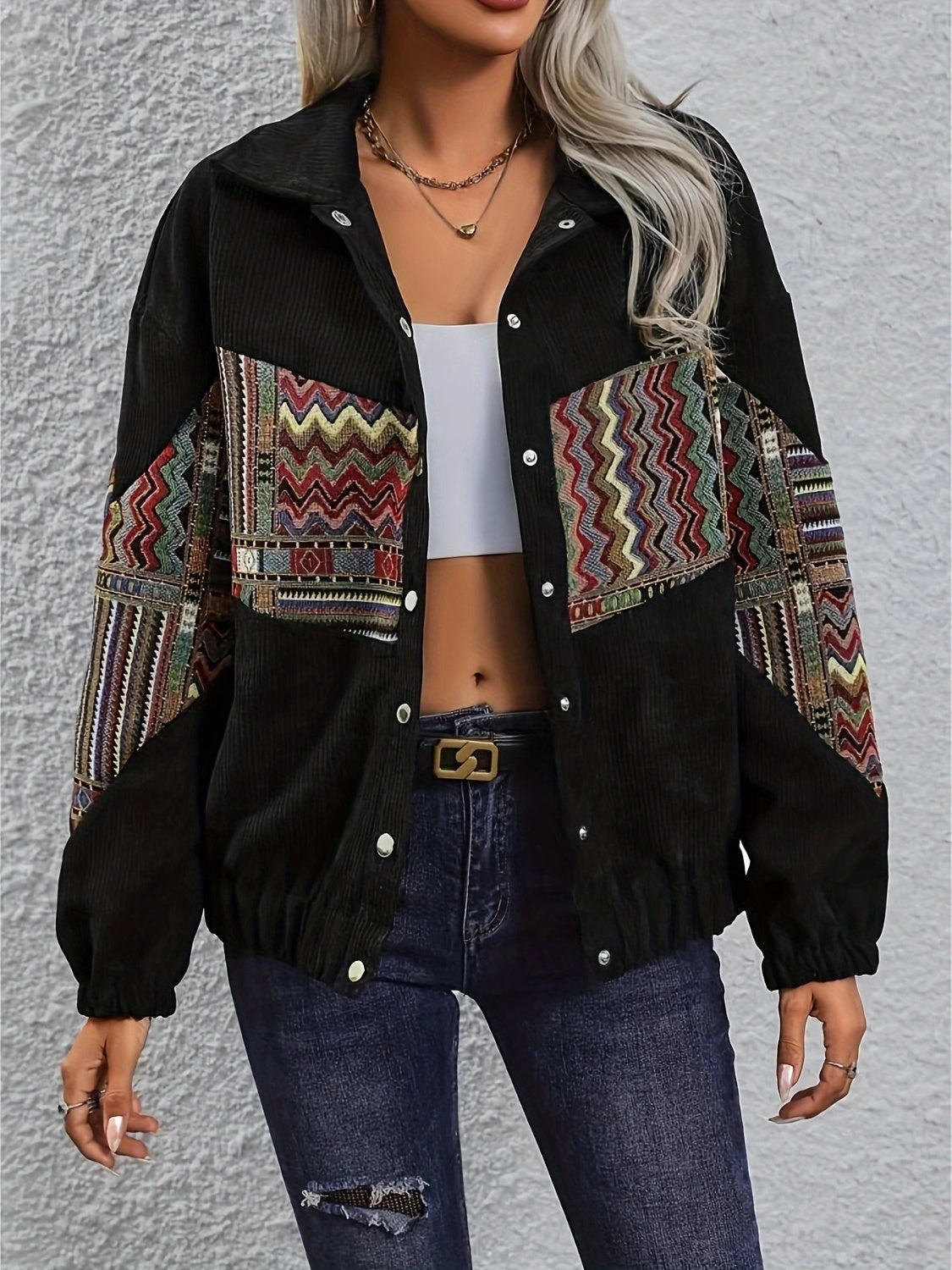 Embroidered Collared Neck Snap Down Jacket Dont Wait Save Today