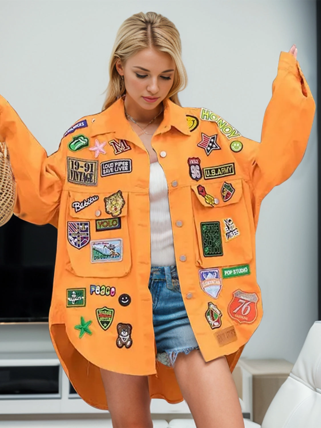 Trending Hot Picks Save Today Event Embroidered Patch Button Up Long Sleeve Denim Jacket