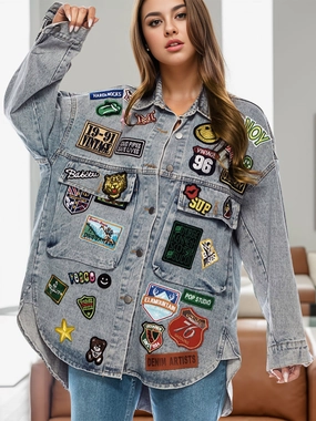 Embroidered Patch Button Up Long Sleeve Denim Jacket Trending Today Steal Best Deal Today