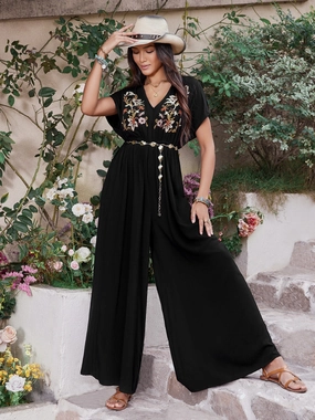 Embroidered Ruched Short Sleeve Jumpsuit Special Online Offer