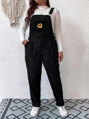 Embroidered Sunflower Wide Strap Overalls With Pockets Flash Sale Alert Now