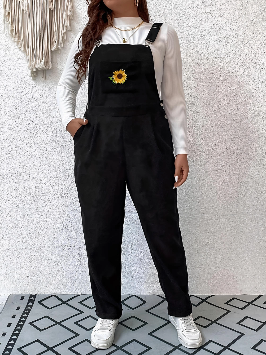 Embroidered Sunflower Wide Strap Overalls With Pockets Today Only Offer