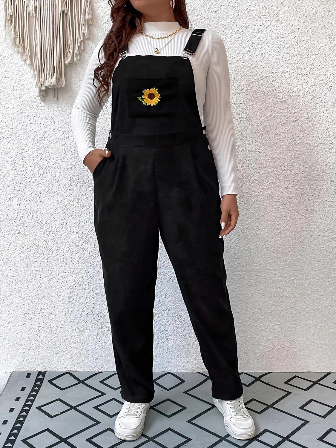 Embroidered Sunflower Wide Strap Overalls With Pockets Flash Sale Alert Now