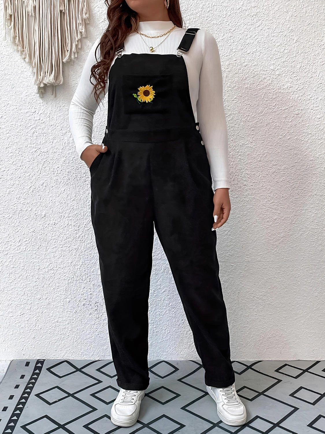 Embroidered Sunflower Wide Strap Overalls With Pockets Best Price Today